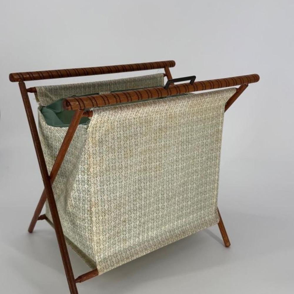 Vintage 70s Folding Knitting Stitching Basket Wood Stand Granny Core MCM Floral